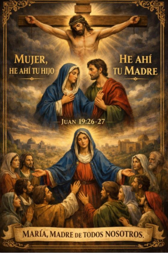 Jesús entrega a María no solo como madre de Juan, sino como madre de todos los discípulos y seguidores de Cristo